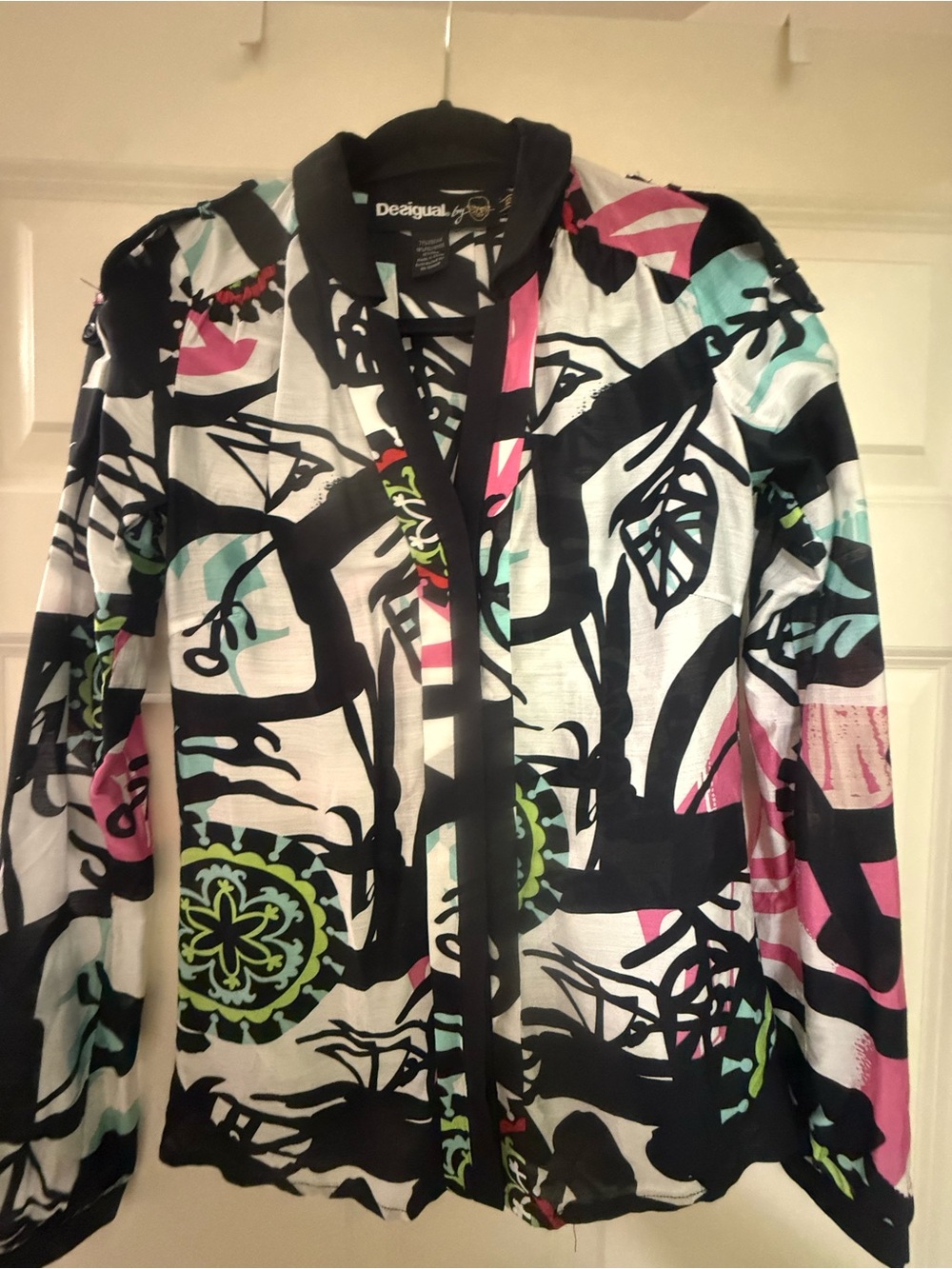 Desigual Black, White, Pink & Mint Abstract Button-Down Shirt. Vintage shirt.